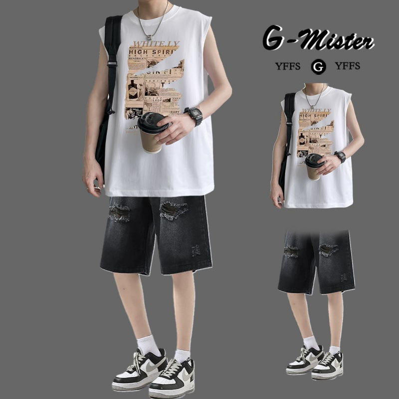 [2종] 스크랩 조끼 화이트 + 찢어진 데님 반바지 블랙