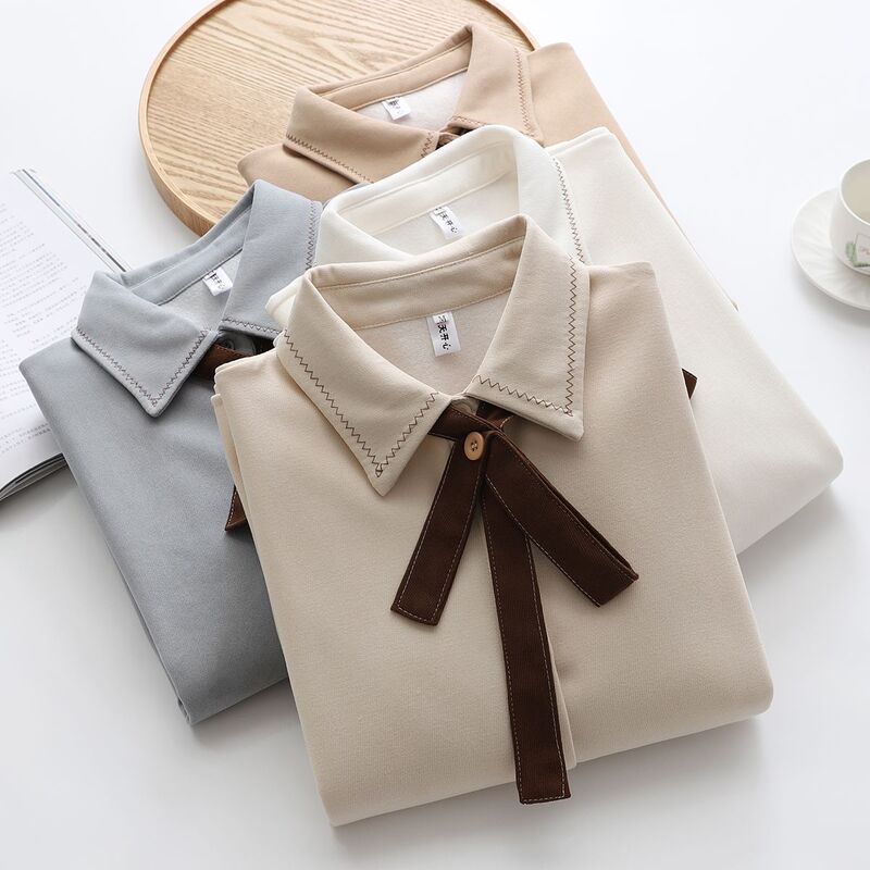 Autumn and Winter Brushed Shirt Women's Base Layer Fleece-Lined Warm Layered Design Niche Retro Preppy Style Long Sleeves