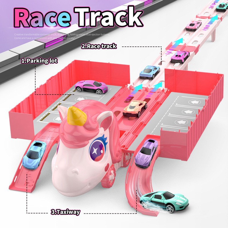 Nuevos productos infantiles catapulta deslizante contenedor deformación camión plegable unicornio transfronterizo vagón ferroviario juguetes interactivos para niños