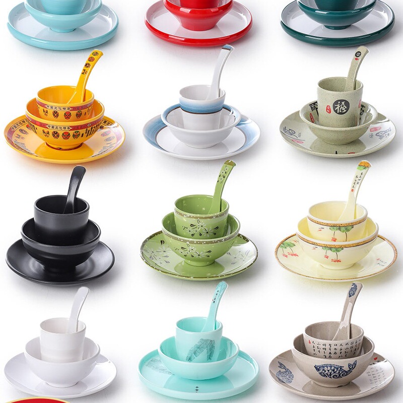 Melamine Imitation Porcelain Plastic Commercial Tableware Four-Piece Set for Hotels, Restaurants, Hot Pot Restaurants, and Dining Establishments, Including Bowls, Plates, Spoons, and Cups Melamine Imitation Porcelain Plastic Commercial Tableware Four-Piece Set for Hotels, Restaurants, Hot Pot Restaurants, and Dining Establishments, Including Bowls, Plates, Spoons, and Cups