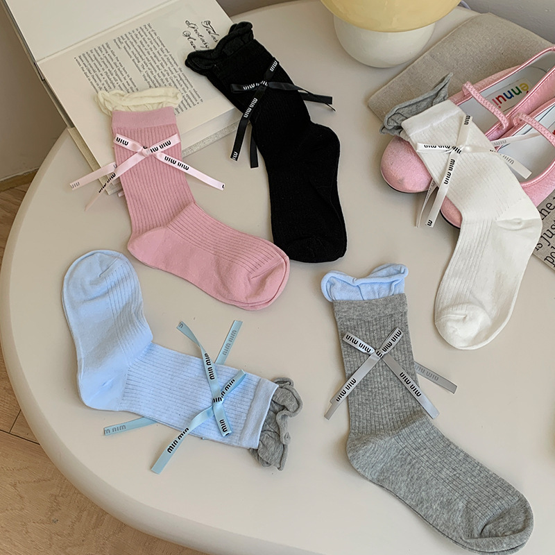 Miu Style Socks Women's Summer Thin Ribbon Bow Socks Korean Style Double Roof Color Spliced Pile Socks Ballet Style