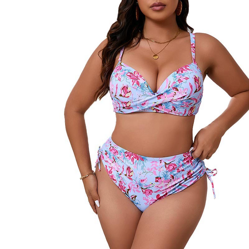 Swimwear, supporting sexy beach split concealer in bikini area for swimming, European style, tight, plus size, floral print