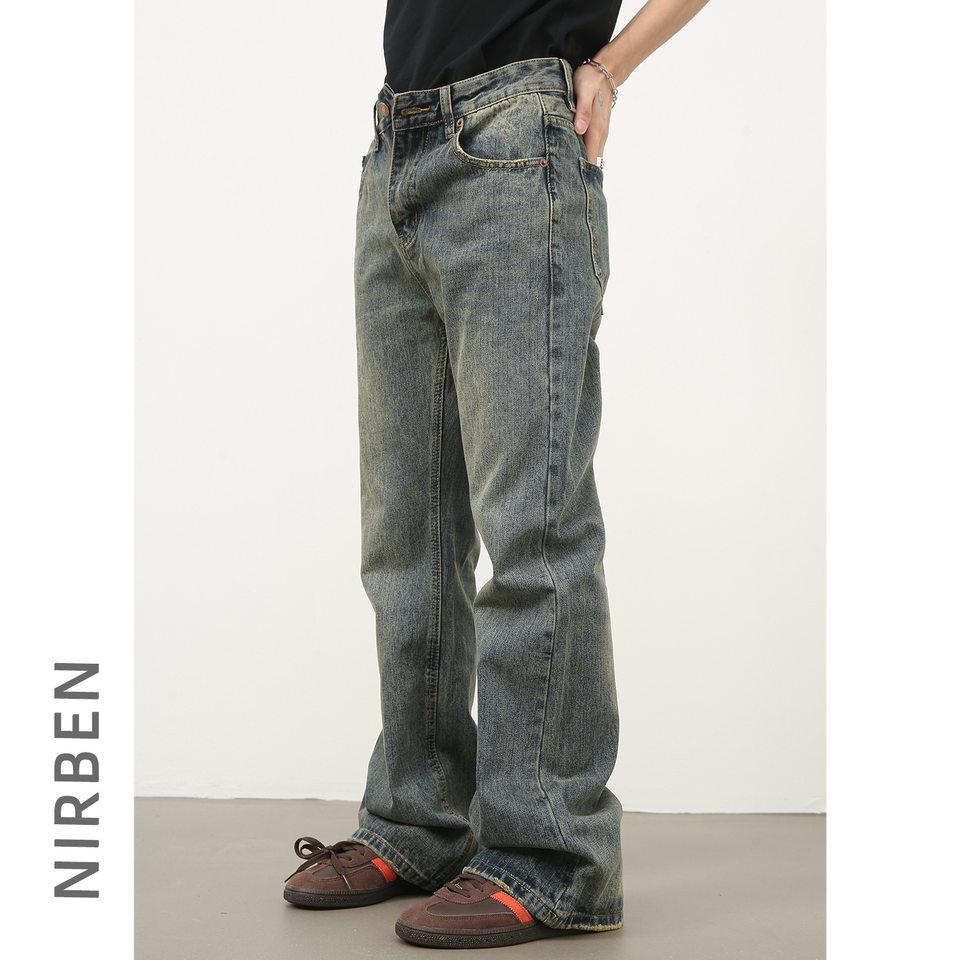 Quần jean nam ống hơi loe dáng rộng phong cách cleanfit xử lý rách nhẹ — màu xanh