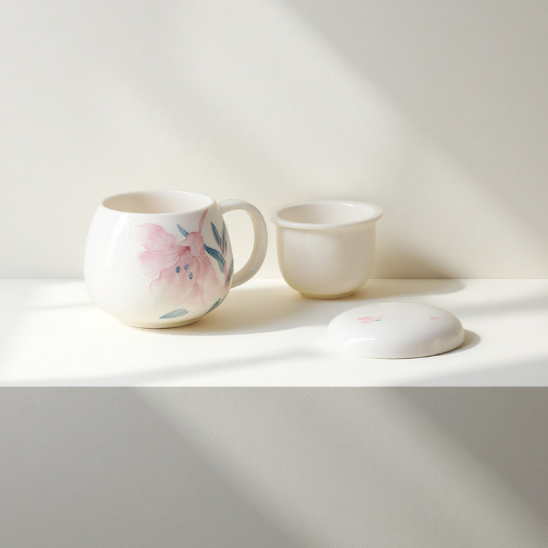 墨己有田烧百合花马克杯带盖办公室茶杯陶瓷个人泡茶杯茶水分离杯|undefined