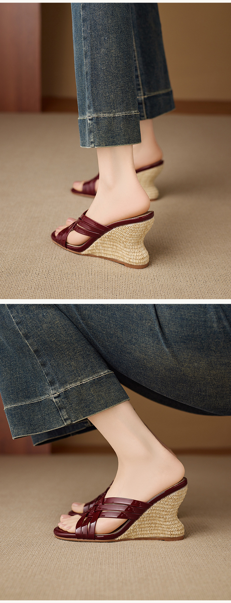 Dép sandal nữ quai chữ V mũi vuông hở ngón đế xuồng cao gót 5 cm — Rượu vang đỏ, màu trắng ngà chi tiết 9