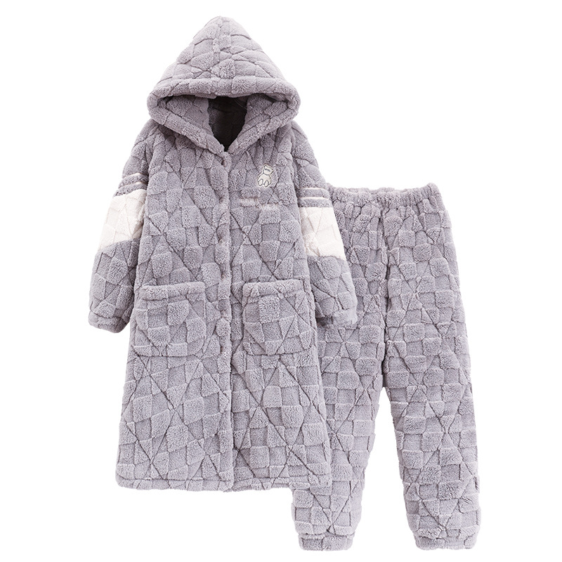 Pijamas de invierno de las mujeres acolchadas de tres capas engrosada caliente Chaqueta de algodón acolchado bolsillo lindo dulce ropa de abrigo homewear camisón