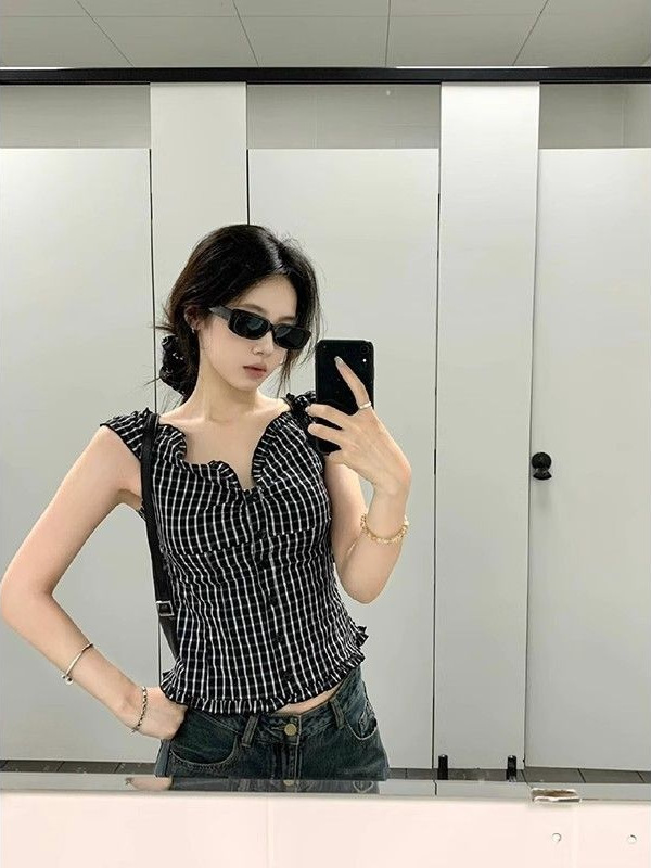 韓国純粋な欲望黒と白のチェック柄ワンショルダーツーウェアオフショルダーシャツベスト女性の夏多用途甘いホットガールスリムトップ|undefined