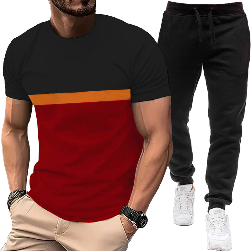 2025 夏半袖ラウンドネック Tシャツヨーロッパとアメリカの新しいクロスボーダーカラーマッチングスポーツレジャー Tシャツメンズパンツスーツ|undefined