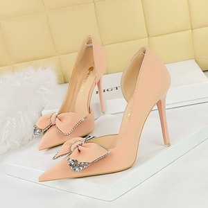 1298-H31 Korean Fashion High Heels Slim Heels, Super High Heels, Shallow Notched Tip, Side Hollow Rhinestone Bow Tie Sin