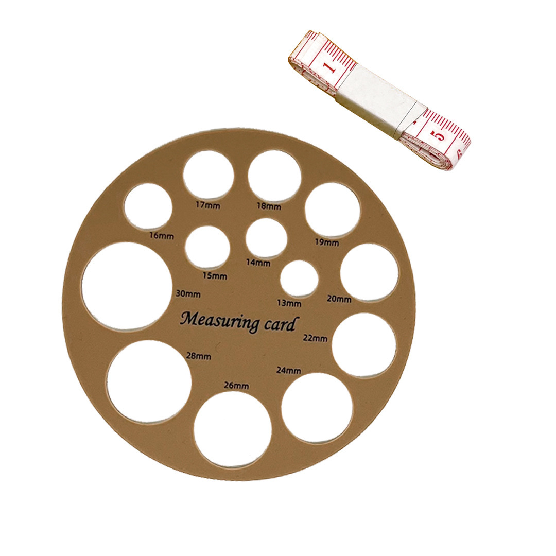 라운드 라이트 브라운 양면 인쇄(앞면 단위 mm, 뒷면 단위 in) + 프렌치 자 + 진주빛 가방 포장