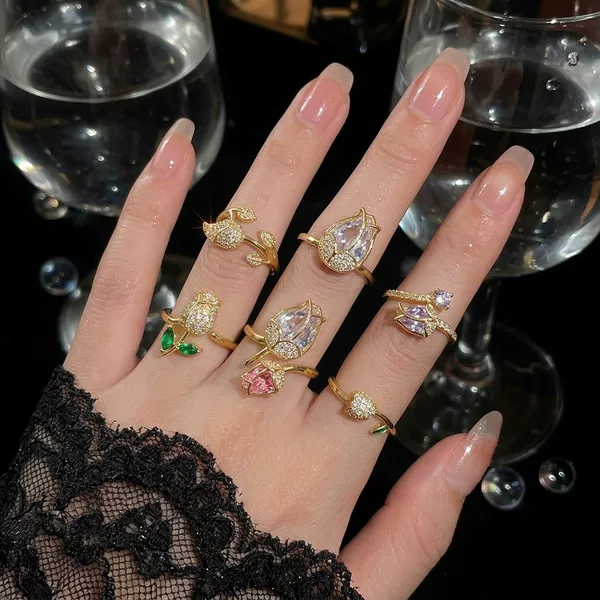 Women's Ring European and American Style Tulip Cross-Border Ring Colorful Adjustable Open Ring Niche Adjustable Index Finger Ring European and American Style Jewelry