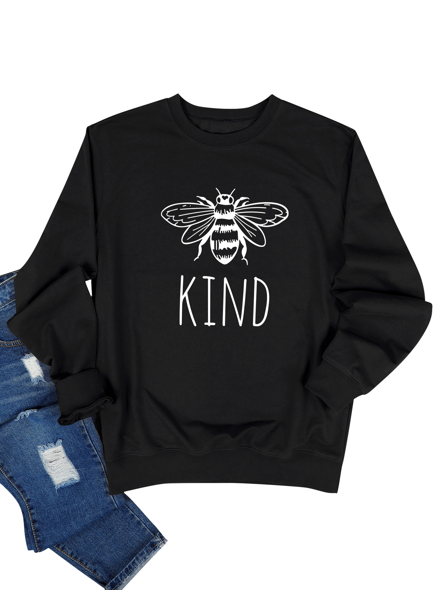 Fijo-hecho más el tamaño sudadera tipo abeja patrón letras en blanco y negro