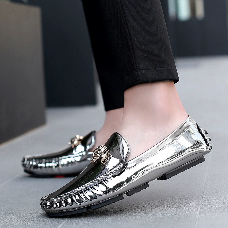 Трансграничные кроссовки большого размера amazon повседневные кожаные туфли с блестящими лапшой бобовые ботинки для волос стилист Youth Lefu обувь для вождения ленивые мужские туфли