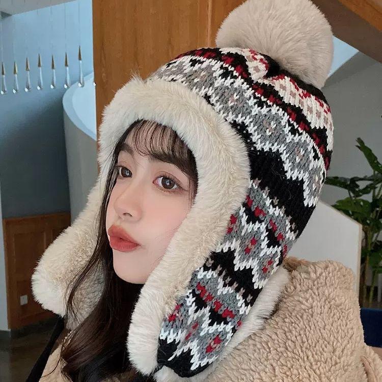 겨울 LEI FENG HAT 여성의 일본 스타일 귀여운 니트 봉제 귀 보호 모자 두꺼운 따뜻한 방한 사이클링 동북 패션 모자