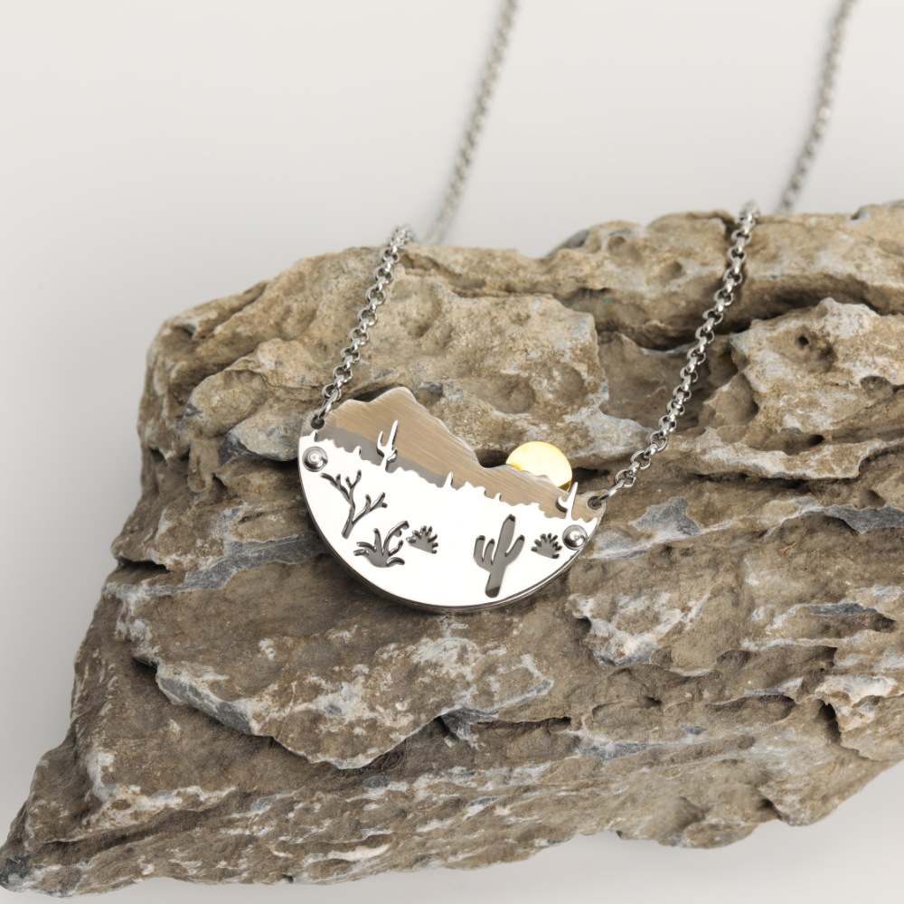 Simple Landscape Painting Sunset Mountain Pendant Stainless Steel Necklace