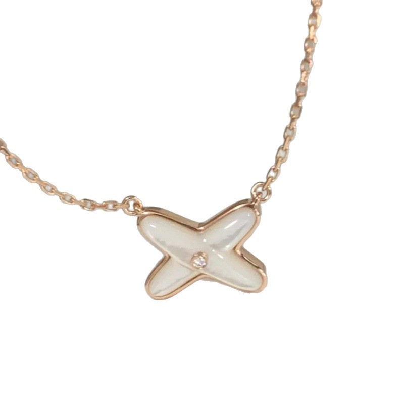 V Jinshangmei クロスネックレス レディース 18K ローズゴールドメッキ 鎖骨チェーン ホワイトマザーオブパール X字型ペンダント 工場直販|undefined