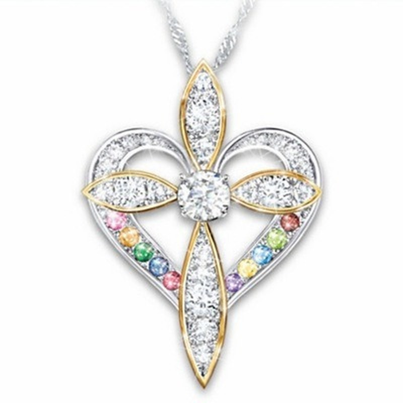 Color-preserving Cross-border New Necklace Fashion Love-shaped Cross Pendant European And American Simulation Diamond Two-color Necklace Female