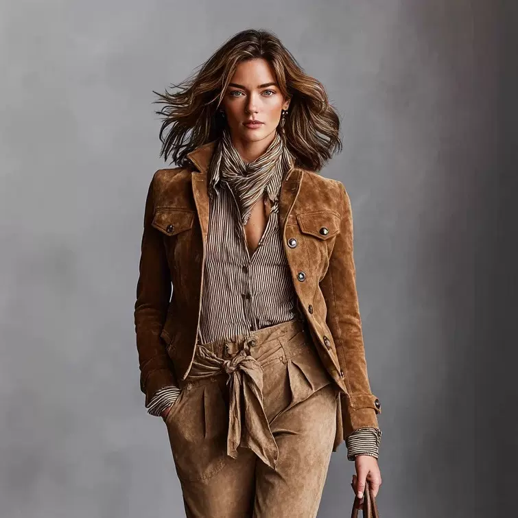 2025欧美跨境新款女式麂皮复古单排扣翻领短款夹克 外套