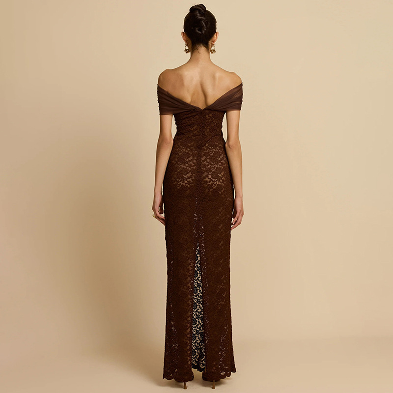 Transfronterizos Europa y América ropa de mujer otoño nuevo hombro perspectiva de encaje sexy tenedor delgado vestido de cadera para mujeres image 5