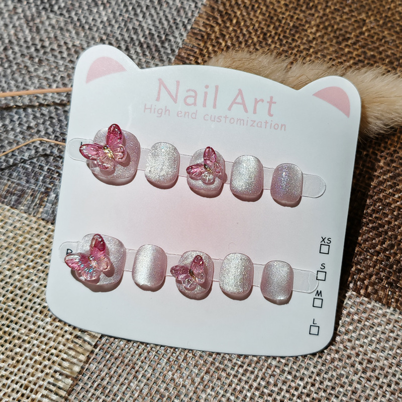 High-End Butterfly Cat Eye Kidsren's Wearable Nail Cartoon Stereo Fake Nail Patch 3-6-11 Year Old Girls Manicure