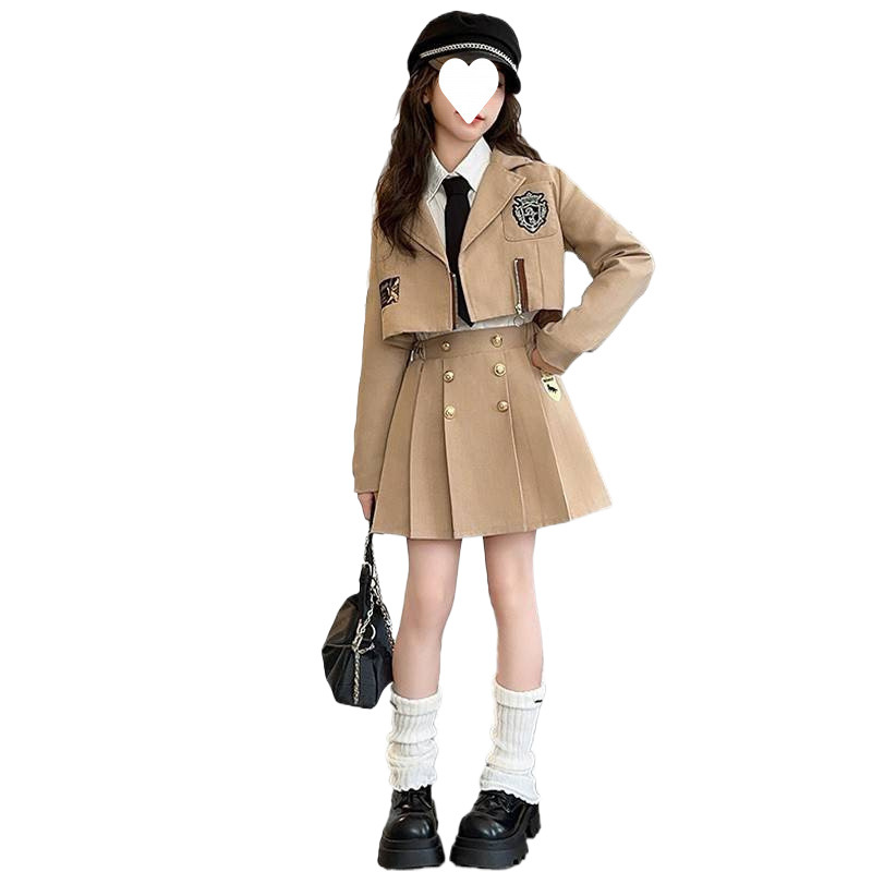 소녀 JK 세트 가을 2024 새로운 어린이 대학 스타일 원피스 큰 어린이 봄과 가을 세트 재킷 주름 치마