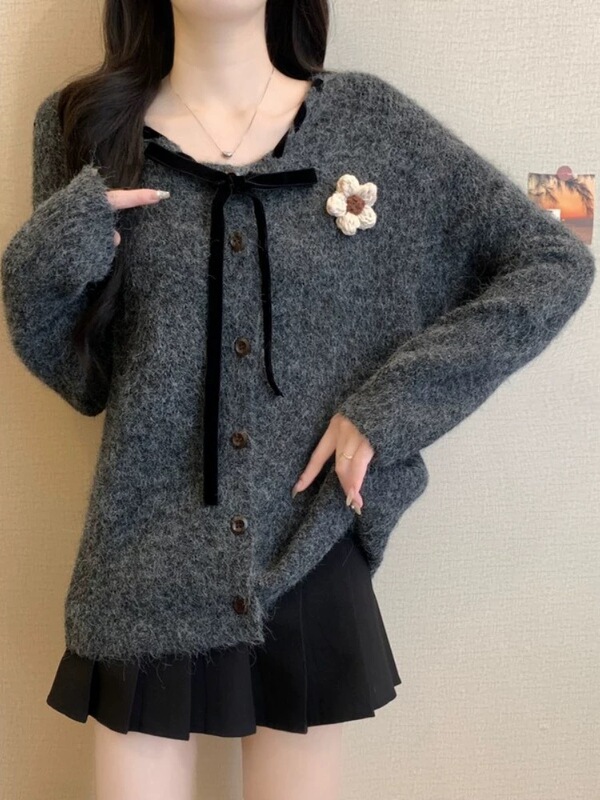 2025秋冬新款系带蝴蝶结毛衣外套女宽松软糯甜美立体花朵针织开衫|undefined