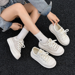 Genuine Leather Thick-Soled White Shoes for Women, Versatile, Lightweight, Round-Toe Lace-Up Casual Sneakers, 2025 New Sports Shoes, Bread Shoes