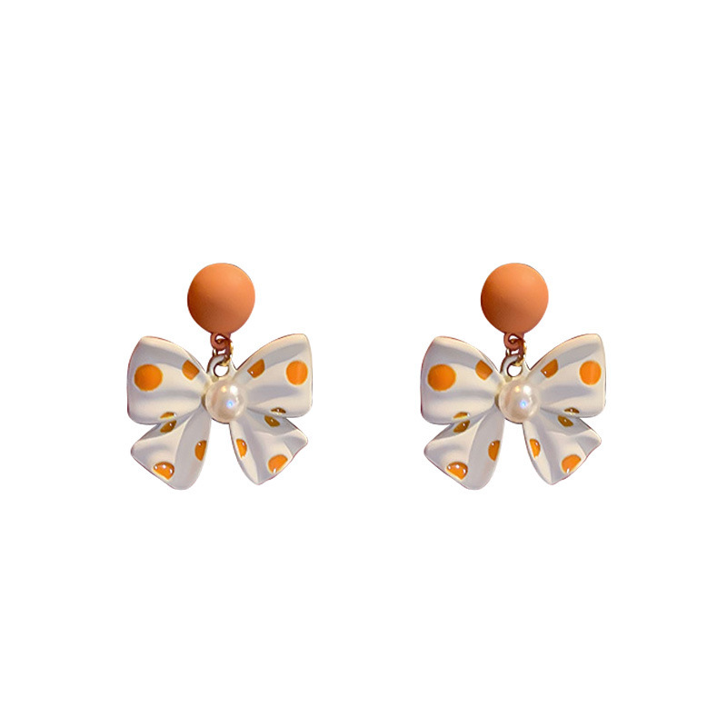 Earrings Classification Alloy Material Bow Knot Pattern Korean Fashion Simple Spray Paint Feminine Milky White Dot Bow Earrings