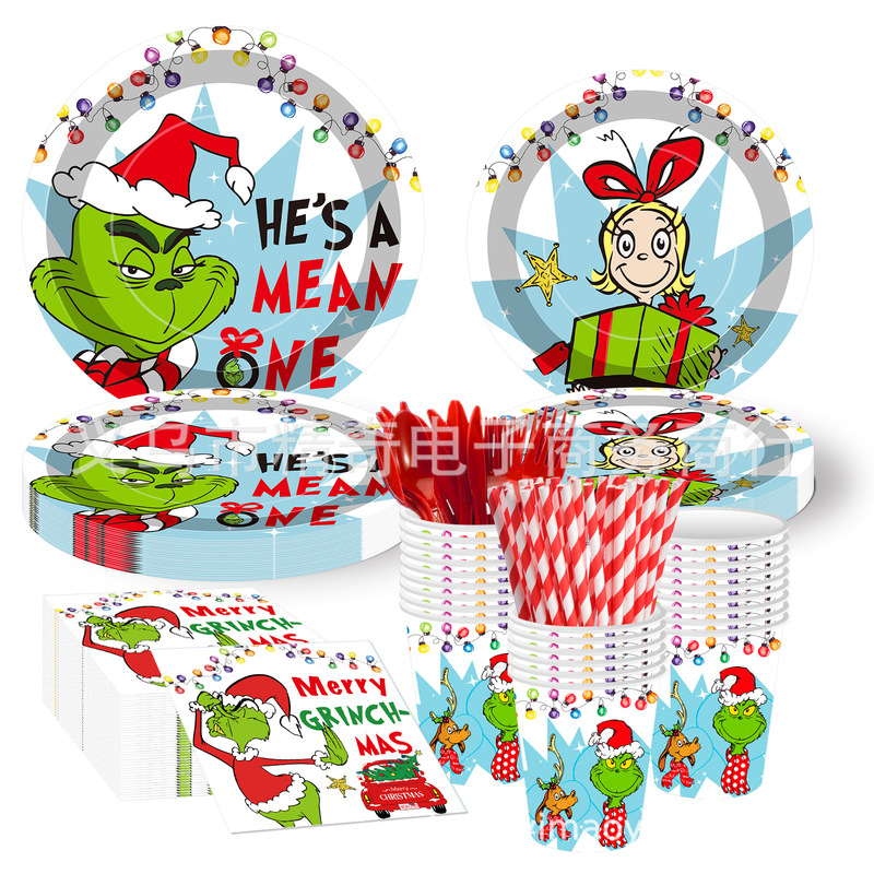 Whoville Merry Christmas Green Furry Grinch Holiday Christmas Party Decoration Tableware Paper Cup Set Supplies