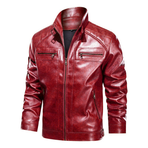 Amazon Autumn and Winter Straight Hem Side Pocket Unhooded Motorcycle Leather Jacket European and American Youth Stand Collar Jacket Men
