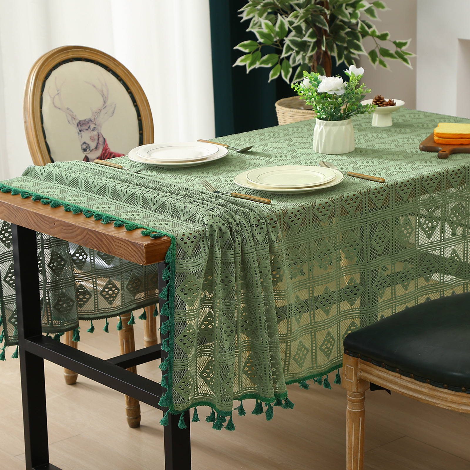 Green Hollow Tablecloth Retro American Fabric Tablecloth Dining Table Cloth Coffee Table Cover Tablecloth Retro Rectangular Tablecloth