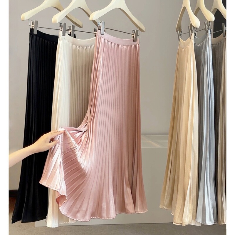 French-Style Gentle Pleated Skirt for Women, Summer 2026, High-Waisted, Slimming, Drapey A-Line Loose Long Skirt French-Style Gentle Pleated Skirt for Women, Summer 2026, High-Waisted, Slimming, Drapey A-Line Loose Long Skirt