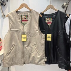 Corteiz恶魔岛复古PU皮马甲夹克男Drill嘻哈街头无袖坎肩V领外套