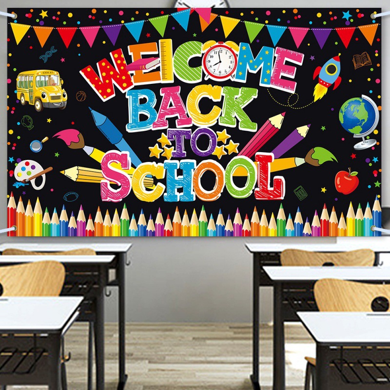 Nuevo fondo de decoración de regreso al campus, decoración de la temporada escolar de apertura, diseño de atmósfera, aula de pancartas, decoración colgante, fondo de tela
