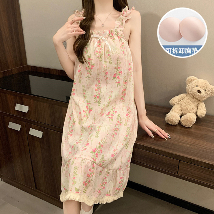 Verano con almohadilla de pecho dulce esling pijama vestido de mujer flores dulces lindas pijama casera casera