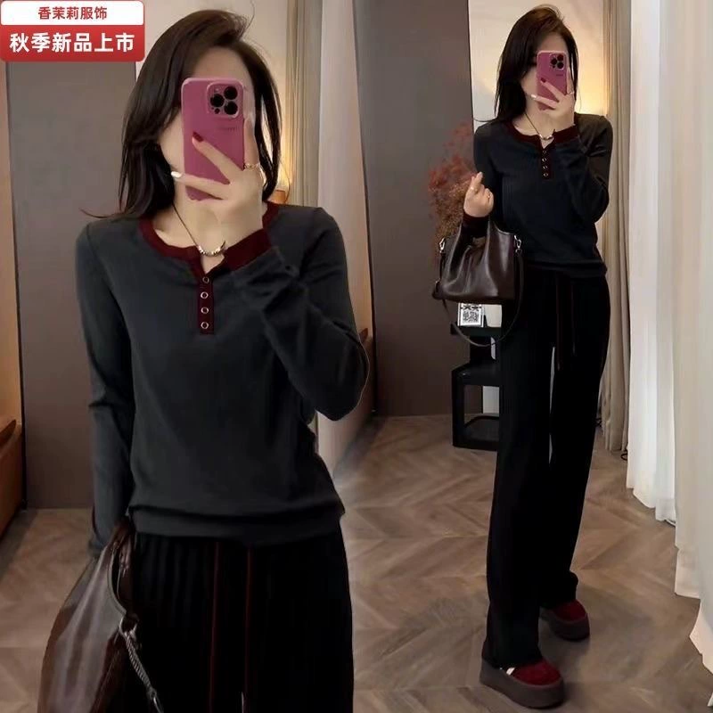 Леди премиальный цвет контрастная футболка с длинными рукавами женская новая осенняя мода иностранная элегантность с нижней рубашкой эластичная топ