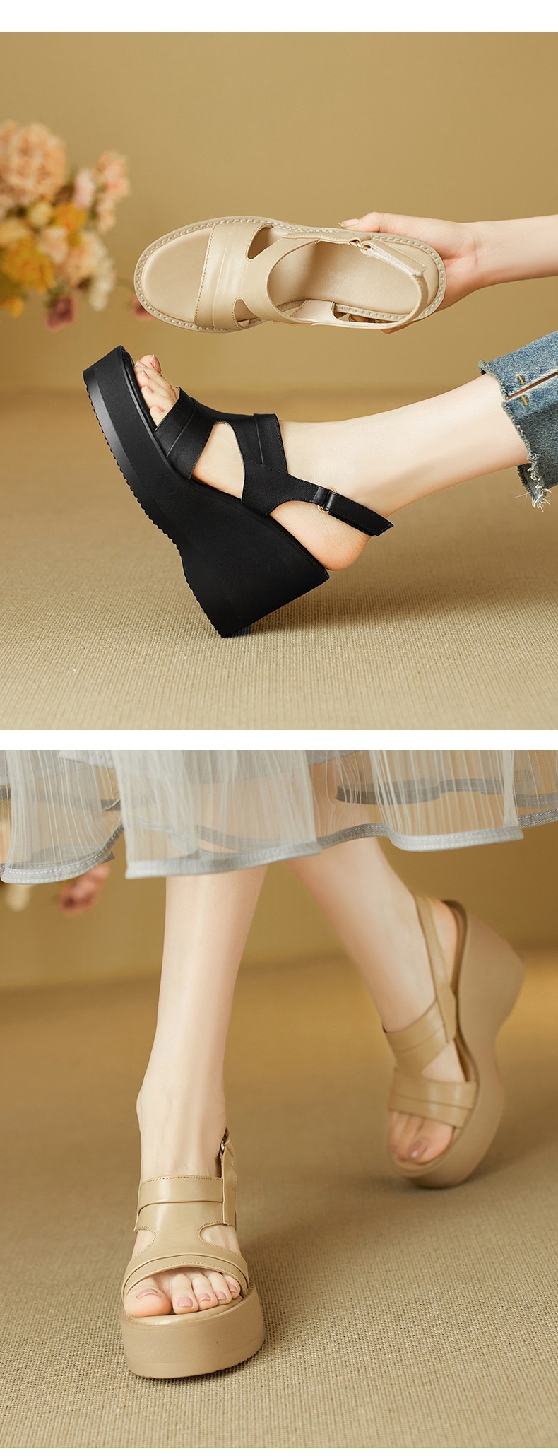 Sandal nữ hở mũi đế xuồng da bò cao gót quai ngang phong cách La Mã — đen chi tiết 3