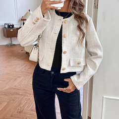 新しい女性のトップス乳白色ラウンドネックショートスリム気質社交家スタイルウールスモールフレグランスジャケット女性用