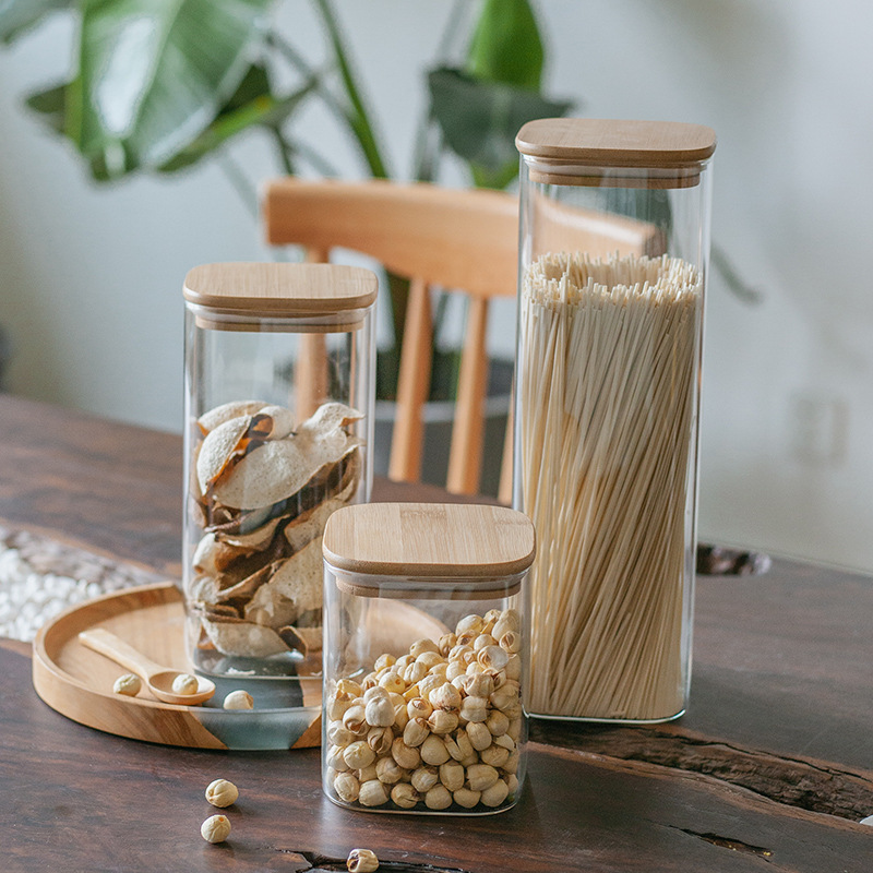 Bamboo-lid square Pu-erh tea and grain storage jar, glass transparent, kitchen household storage jar, Japanese-style coffee bean airtight jar
