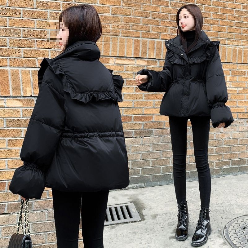 年新款女装冬季短款羽绒服女小个子黑色娃娃领喇叭袖外套甜美