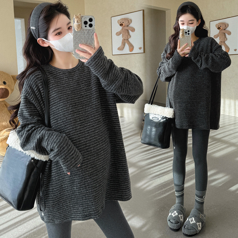 孕妇装秋冬加厚双面磨毛澳绒孕妇冬季条纹T恤上衣宽松遮臀打底衫|undefined