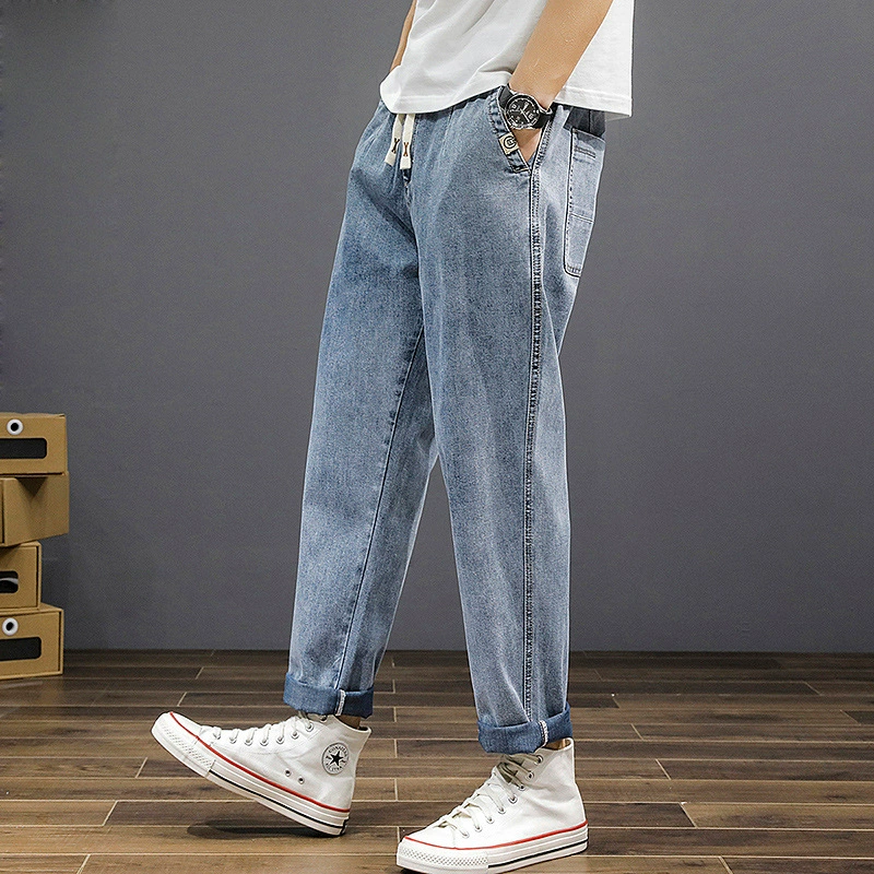 Демисезонные брюки, джинсы, эластичный пояс, свободный крой, oversize, плюс размер