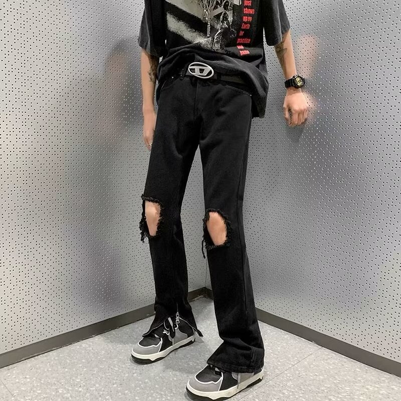 2024 Pure Black Jeans Men's Summer Thin Puppies Handsome Design Sense Ripped Pants American-style High Street Pants 2024 Pure Black Jeans Men's Summer Thin Puppies Handsome Design Sense Ripped Pants American-style High Street Pants