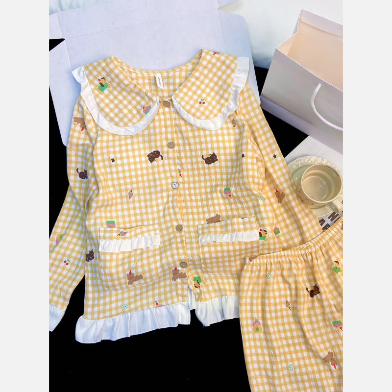 睡衣女款长袖长裤带胸垫春秋季2025年新款卡通可爱翻领家居服套装|undefined