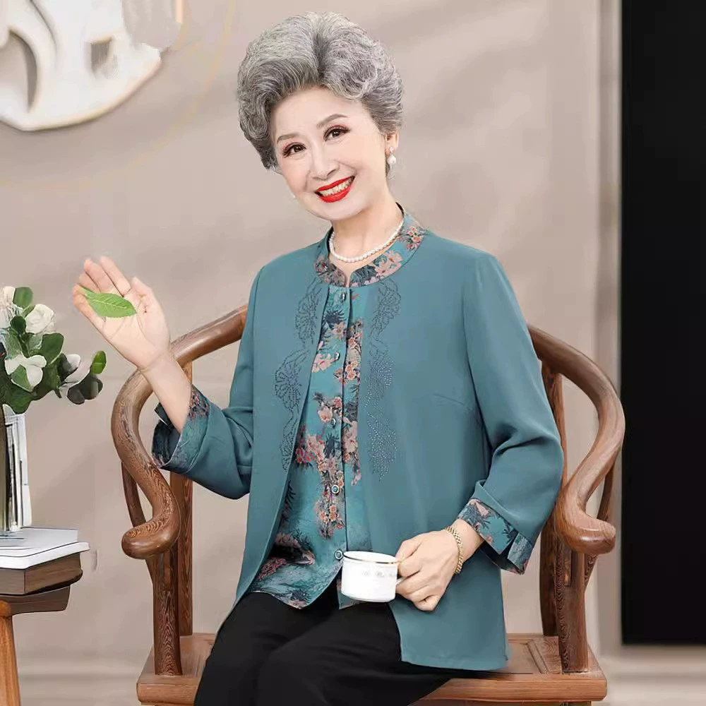 Весенняя рубашка для женщин среднего и пожилого возраста, фальшивый топ из двух частей для бабушки, летний костюм для мамы, одежда для старой леди
