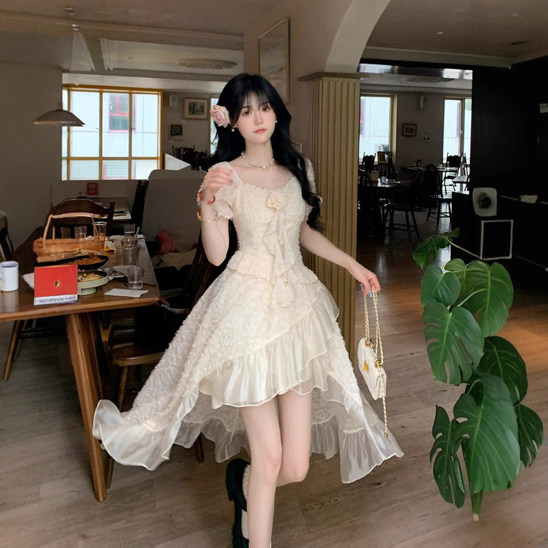 French-Style Square-Neck Elegant and Youthful Dress for Women, 2026 New Summer Model, Short Front and Long Back Irregular Train Princess Dress