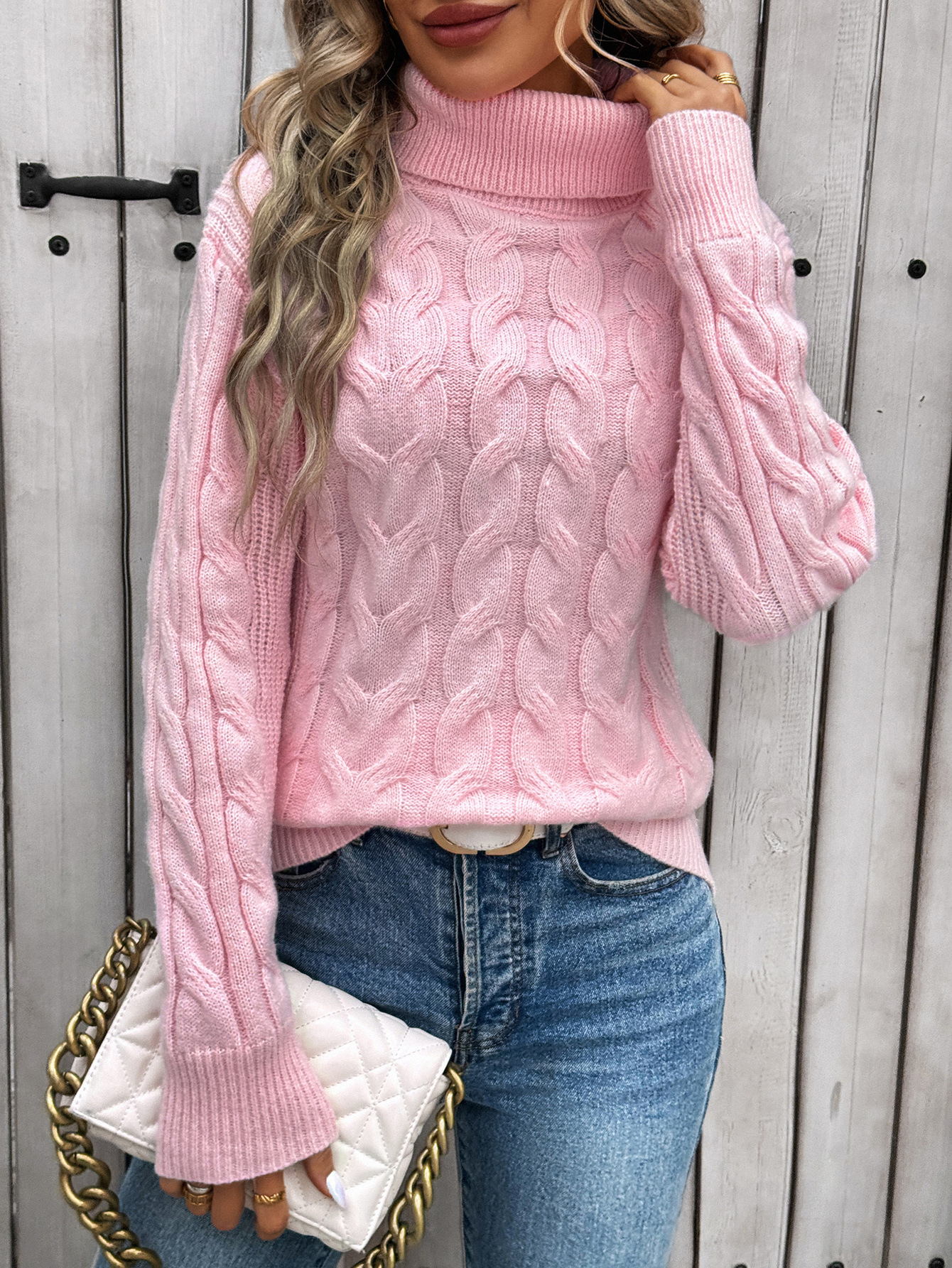 Suéter de punto trenzado de color sólido para mujer, estilo europeo y americano, otoño/invierno, cuello alto, manga larga, grueso, hecho a medida.