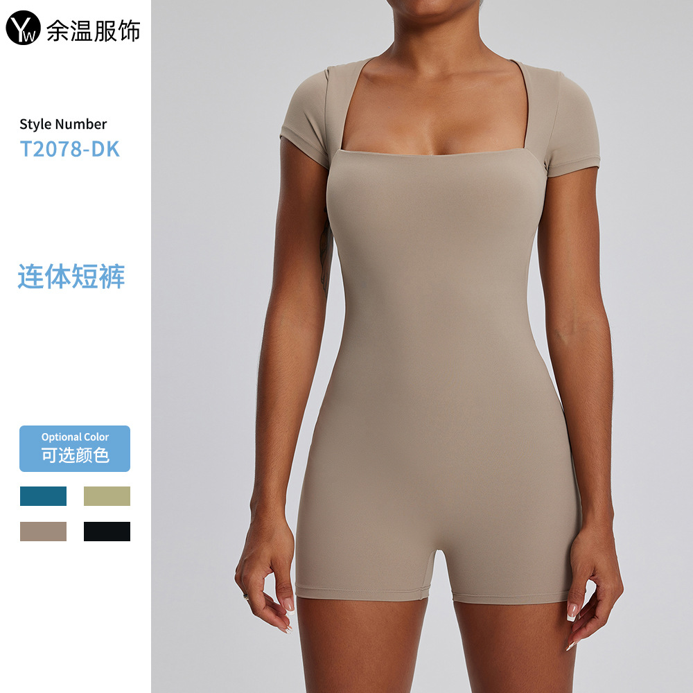 European and American Sports Fitness Bodysuit Women's Tight Quick-drying Hip-lifting Yoga Suit Running Training Short-sleeved Shorts with Chest Pad