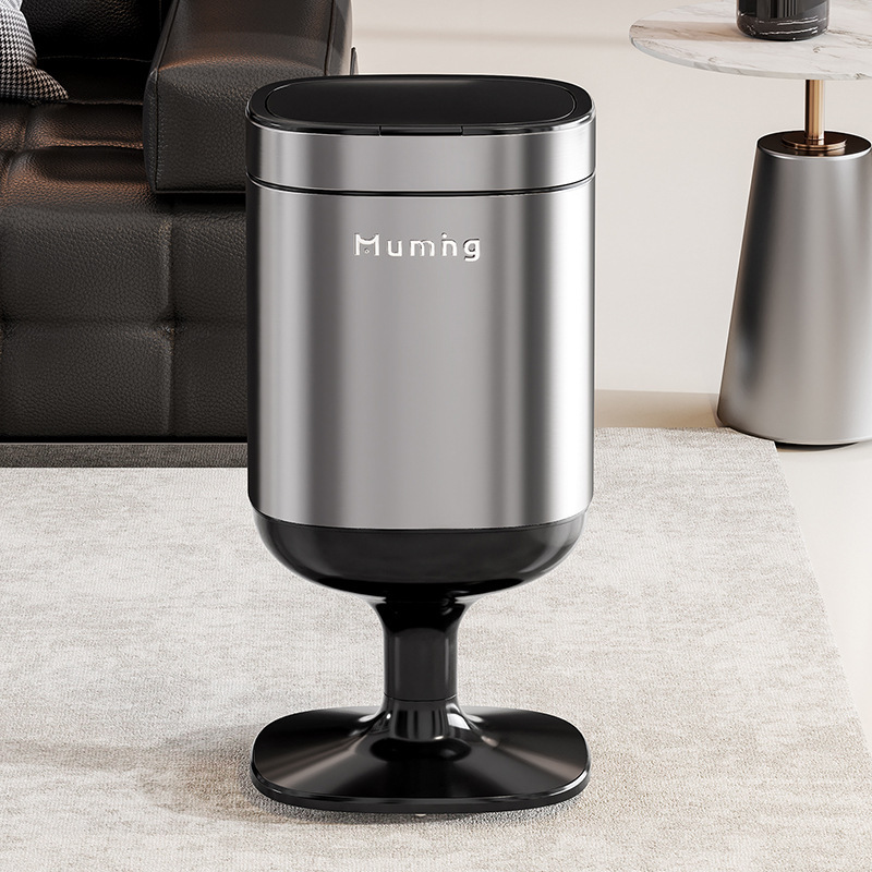 Tall stainless steel trash can for home use, suitable for living rooms, with a luxurious design and lid, also ideal for bedrooms, and a stylish, mobile storage bin