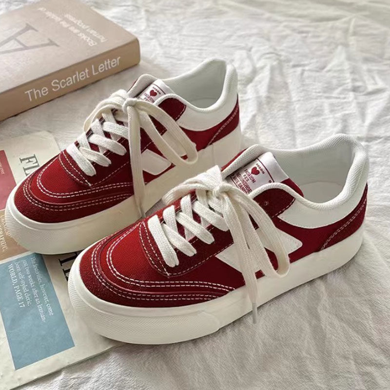 Primavera zapatos blancos de mujer retro zapatos de skate rojo, zapatos de lona casuales, estilo de puerto, nicho de diseño chic zapatillas deportivas